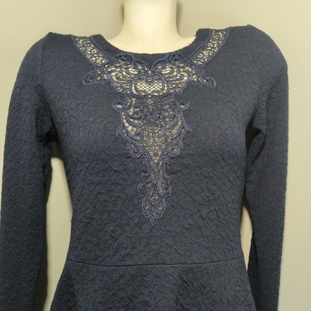 THE KOOPLES Navy Blue Fit & Flare textured Dress S lace Detail Stretch S M - Picture 6 of 12